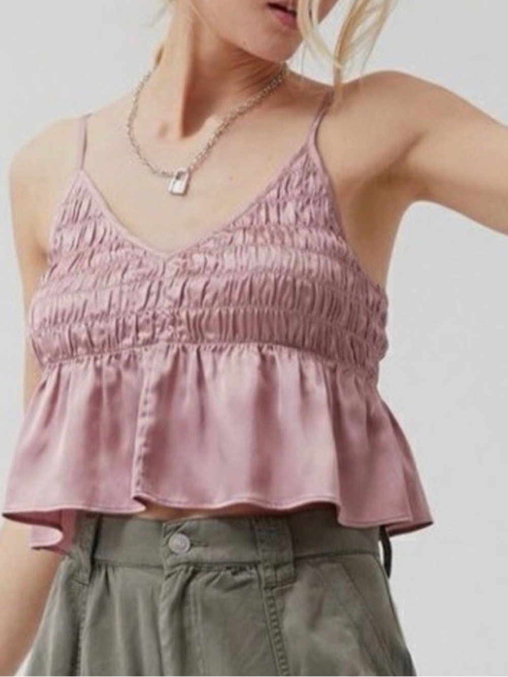 Urban Outfitters Pink Smocked Satin Peplum Cami